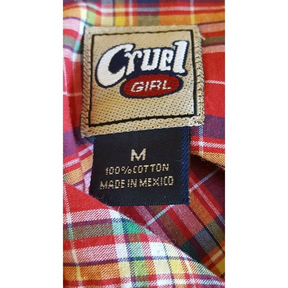 Cruel Girl Junior's Shirt Size Medium Red Plaid Western Button Front Long Sleeve - Picture 7 of 8